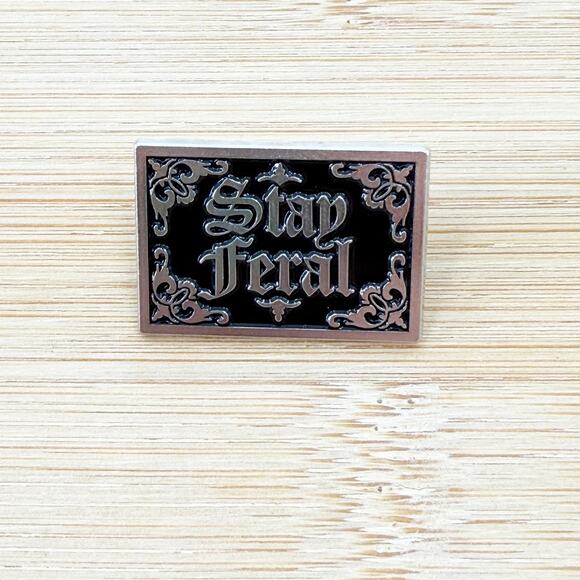 Stay Feral Enamel Pin, Gothic Aesthetic Lapel Pin, Silver & Black Edgy Pin - Picture 3 of 4